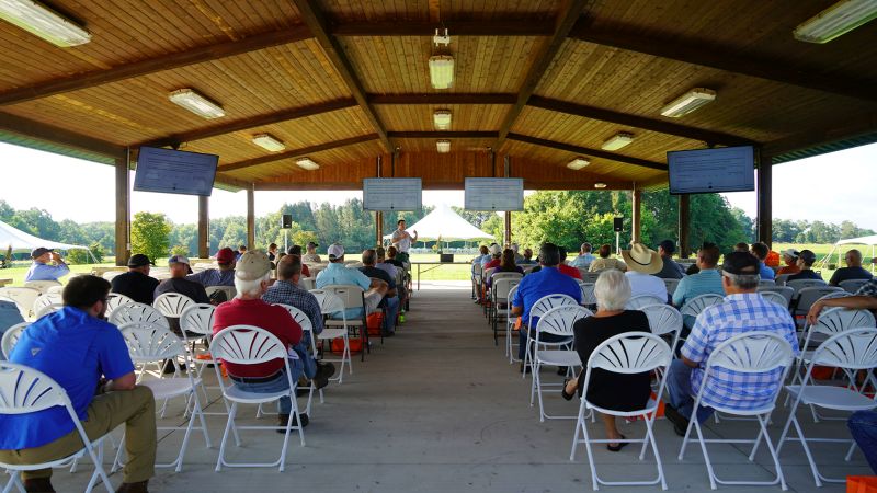 Attendees enjoy a presentation for the Steak and Potatoes Field Day under the new program shelter on the Plateau AgResearch and Education Center